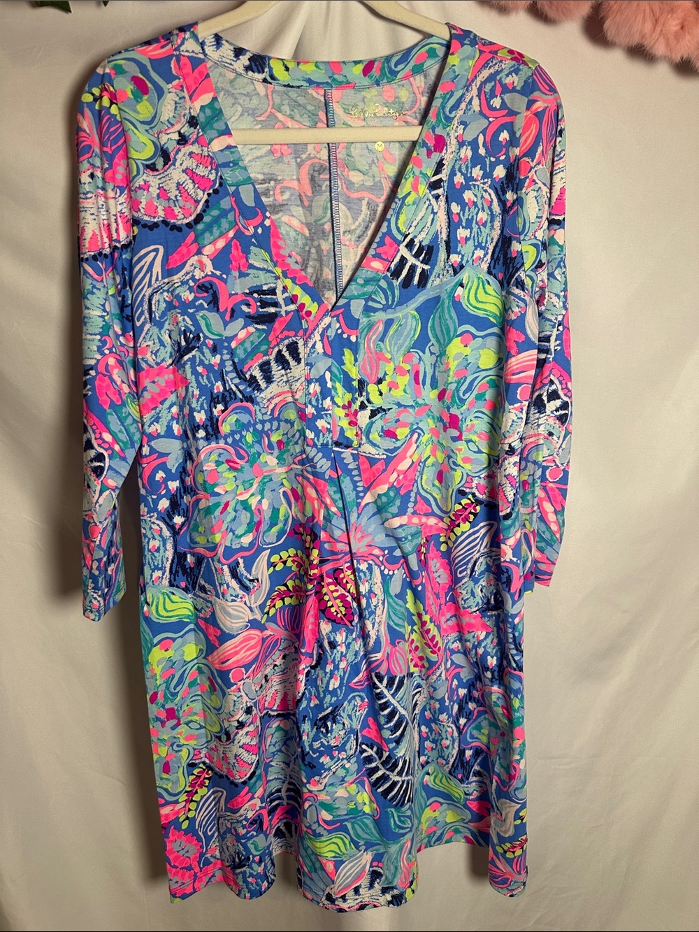 Lilly Pulitzer Blue Multicolor Floral V-Neck Long Sleeve Dress